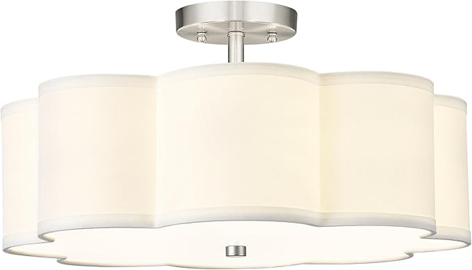 Semi Flush Mount Ceiling Lights, 4-Light 18" Ceiling Light Fixtures with Fabric Shade in Flower Shape, Brushed Nickel Farmhouse Drum Lighting for Nursery Bedroom Kitchen, AD-22009-4SF-SN