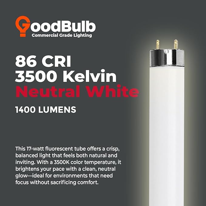 GoodBulb 17-Watt 24 Inch T8 Fluorescent Light Bulb 3500K Soft White Color Medium Bi-Pin Base 1400 Lumens 86 CRI 36000 Life Hours Instant/Programmed Start Pack of 25 Bulbs