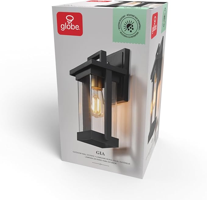 GLOBE Electric 60000028 1-Light Outdoor Wall Sconce, Matte Black, Brass Accent, Clear Seeded Glass Shade, Weather Resistant, Front or Back Porch Decor, Modern Exterior Lighting, Patio Lights