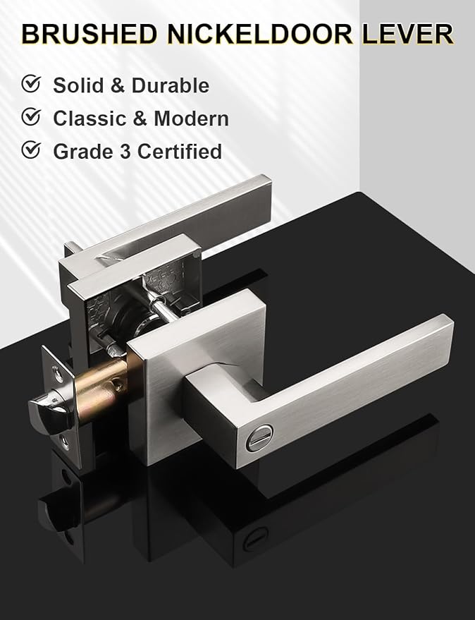 8 Pack Privacy Square Brushed Nickel Door Handles Interior, Keyless Door Knobs for Bedroom/Bathroom, Reversible for Left Right Handed Doors