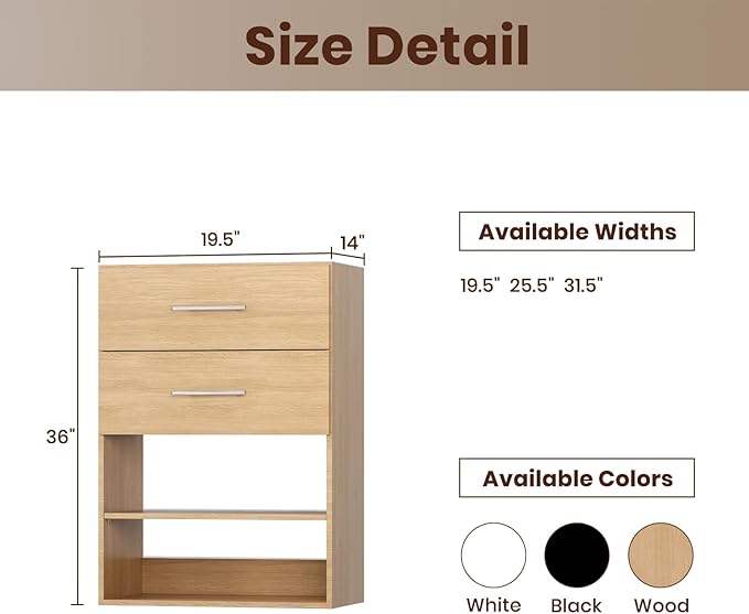 ROOMTEC 19.5" 2 Drawer Short Tower Closet Unit, Modular Closet System with Drawers and Shelf, Wardrobe Organizer for Bedroom or Walk-in Closet, Wall Mounted, Customizable Clothes Storage Unit, Wood