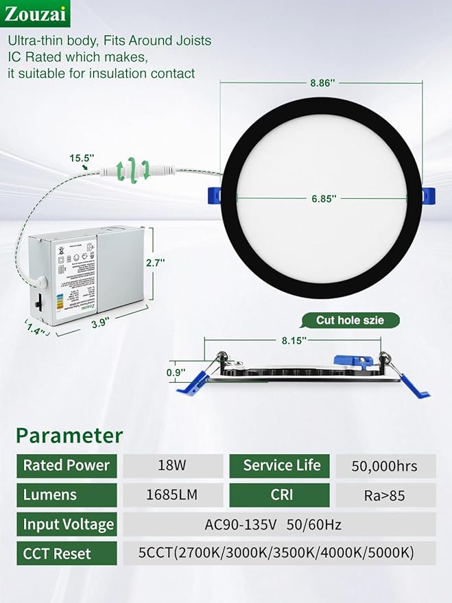 zouzai 8 Inch Black 18W Eqv 150W 1685LM 5CCT Ultra-Thin LED Recessed Ceiling Light with Junction Box 2700K/3000K/3500K/4000K/5000K Selectable, Dimmable ETL and Energy Star Certified【6 Pack 】