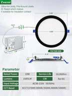 zouzai 8 Inch Black 18W Eqv 150W 1685LM 5CCT Ultra-Thin LED Recessed Ceiling Light with Junction Box 2700K/3000K/3500K/4000K/5000K Selectable, Dimmable ETL and Energy Star Certified【6 Pack 】