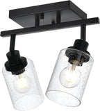 2-Light Wall Sconce Spotlight Fixtures, Matte Black Track Lighting Kit Flush Mount Ceiling Light for Kitchen Over Mirror Foyer, Seeded Glass Shade
