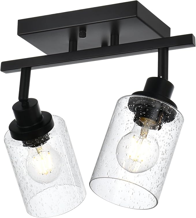 2-Light Wall Sconce Spotlight Fixtures, Matte Black Track Lighting Kit Flush Mount Ceiling Light for Kitchen Over Mirror Foyer, Seeded Glass Shade