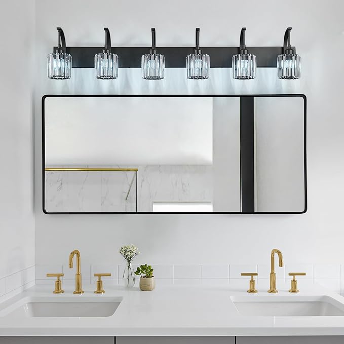 6-Light Crystal Vanity Light, Black Modern Wall Sconce with K9 Crystal Shades, 51.18" Long Over Mirror Lighting for Bathroom, Makeup, Hallway, Elegant & Easy Install