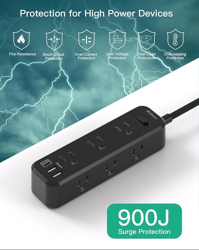 Mifaso Extension Cord, Surge Protector Power Strip, Long Extension Cord with 9 Outlets 3 USB Ports, Extension Cord with Multiple Outlets, USB Power Strip for Dorm Room Essentials, College(5FT,Black)