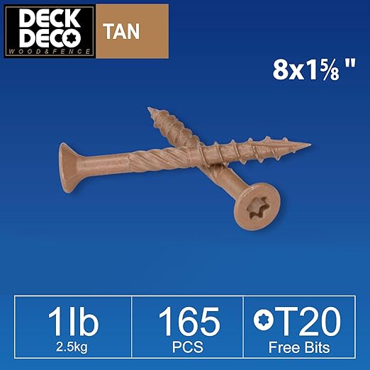 Wood Screws #8 x 1-5/8" 165pcs(Approx), Tan Ruspert Coating Exterior Deck Screws, Torx/Star Drive Flat Head,Twist Shank, Cut Tip/Thread, Bit Included, 1 lb/Box