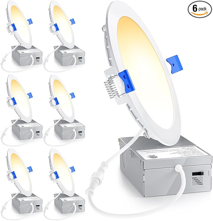 Ensenior 6 Pack 6 Inch LED Recessed Light, Dimmable, 2700K-5000K 5CCT, 1050LM High Brightness, 12W 120V, Damp Rated, Ultra-Thin Canless Wafer Ceiling Light - ETL & FCC & IC