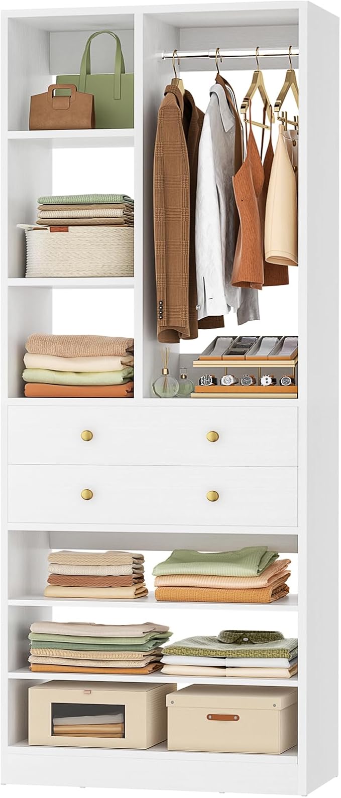 Closet System, 28"/2.4 FT Small Closet Organizer System with Drawers and Shelves, Walk-in Closets Systems for Small Closets, Free Standing Reach in Closet Tower, White
