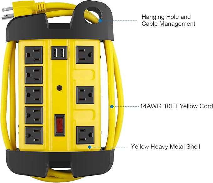 Heavy Duty Power Strip with USB, Workshop 8 Outlet Surge Protector 2700 Joules, Industrial Metal 15Amp Power Strip, 10 FT Extension Cord and Wide Spaced. Yellow