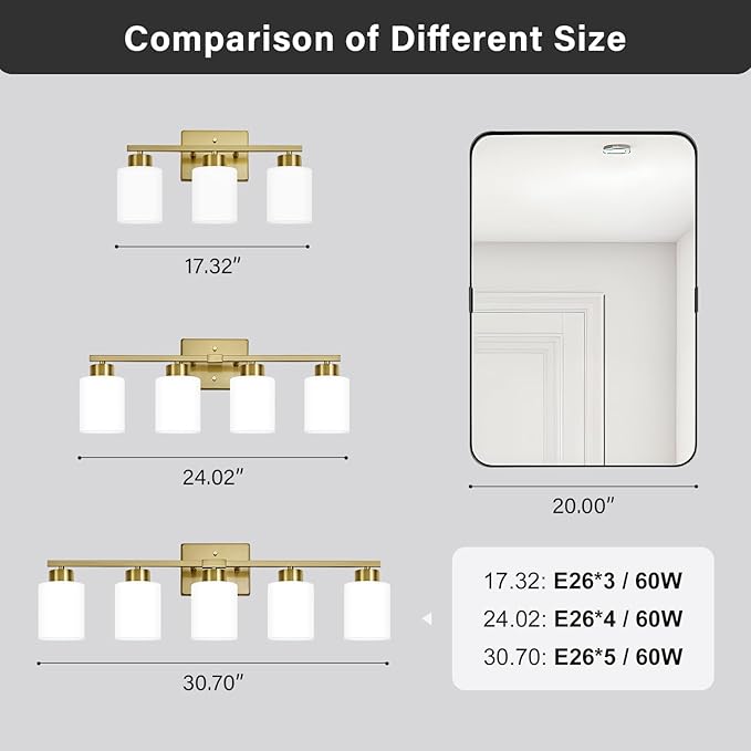 Brushed Gold Bathroom Light Fixtures, 3-Light Modern Vanity Light Over Mirror, Wall Sconces with Milky White Frosted Glass Shades, E26 Socket (Bulbs Not Included)