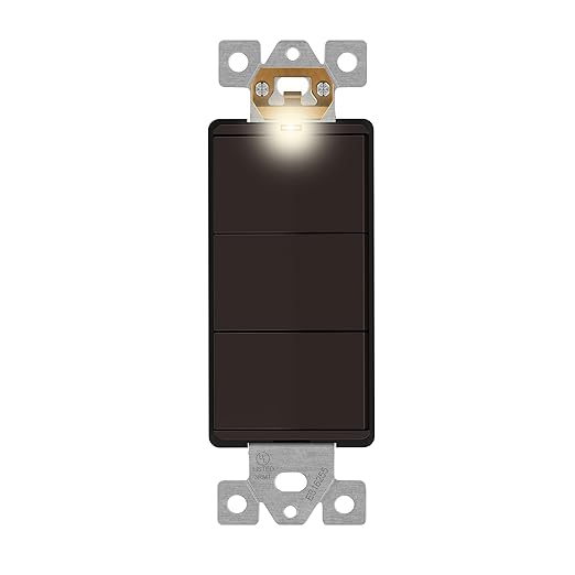 LIDER Minimalist Design Matte Finish Lighted Triple Switch, Combination Frameless Decorator Switch with Locator Light, Ground Terminal, Single Pole, 15A 120-277V, UL Listed, LCS3-1P-BR, Brown