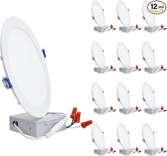 TORCHSTAR Basic Series 12-Pack 8 Inch Ultra-Thin LED Recessed Lighting with Junction Box, Aluminum, 4000K Cool White, 5%-100% Dimmable Slim Recessed Downlight, 18W 1440LM, ETL and Energy Star