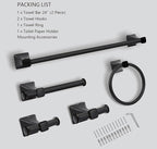 Matte Black Bathroom Hardware Set 5-Pieces, SUS304 Stainless Steel Bath Towel Bar Set Wall Mounted, Including Hand Towel Bar,Towel Ring, Toilet Paper Holder, 2Pcs Robe Towel Hook