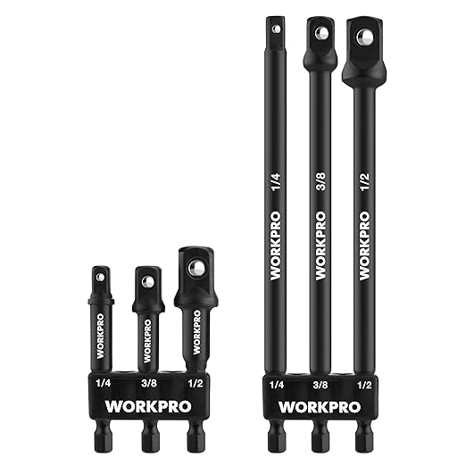 WORKPRO 6-Piece Socket Adapter Extension Set, 1/4, 3/8, 1/2-Inch Drive, 1/4-Inch Hex Shank, 2.6, 2.9 & 6 Inch Length, Impact Grade Extension Bit With Holder For Power Drill & Impact Driver