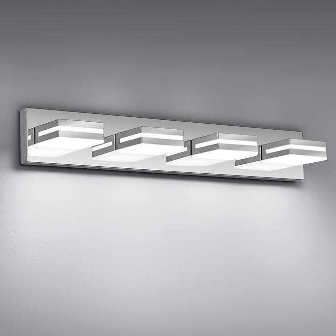Modern LED Bathroom Lights Fixtures(4-Light),Metal Chrome Acrylic Wall Lighting,Vanity Lights for Bathroom Over Mirror(6000k 27In