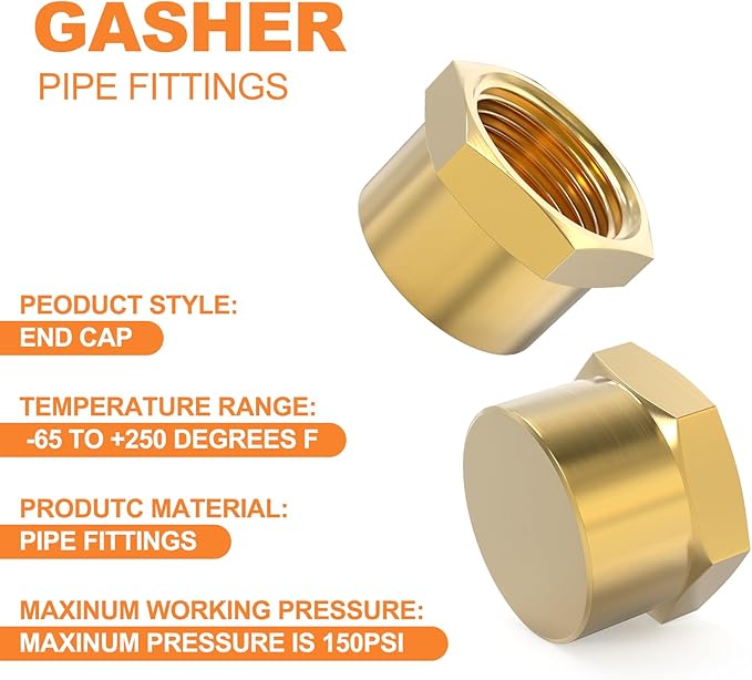 GASHER 1/8"NPT Brass Pipe Cap, NPT Female Thread Socket Pipe End Cap Plugs Fitting 2PCS