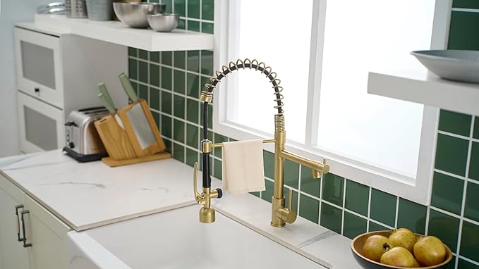 Fapully Single Handle High Arc Brushed Gold Pull Down Kitchen Faucet LED,Single Level Kitchen Sink Faucets with Pull Down Sprayer