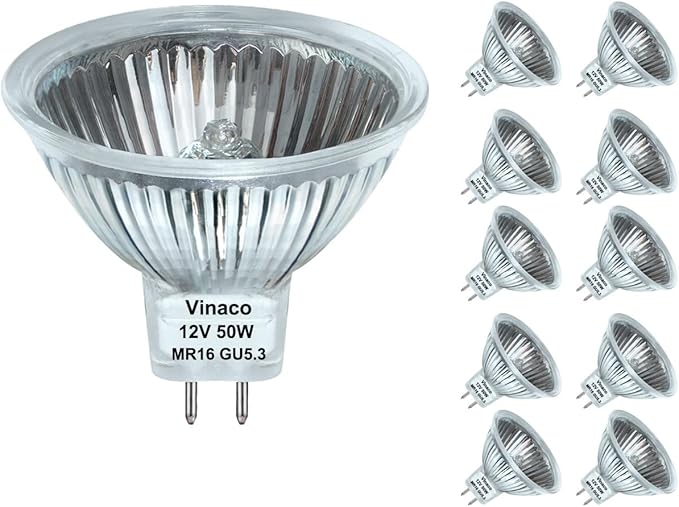 Vinaco MR16 Halogen Bulb 50W 12V, 10 Pack MR16 Bulb Dimmable, Long Lasting MR16 12V 50W Halogen, 2800K Warm White 50 W 12v Bulb with GU5.3 Base, for Landscape, Track Lights, and Fiber Optics