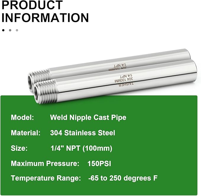 TAISHER 2PCS 304 Stainless Steel Pipe Fittings, 1/4" NPT Male Threaded, 4" Length Weld Nipple Cast Pipe