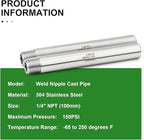 TAISHER 2PCS 304 Stainless Steel Pipe Fittings, 1/4" NPT Male Threaded, 4" Length Weld Nipple Cast Pipe