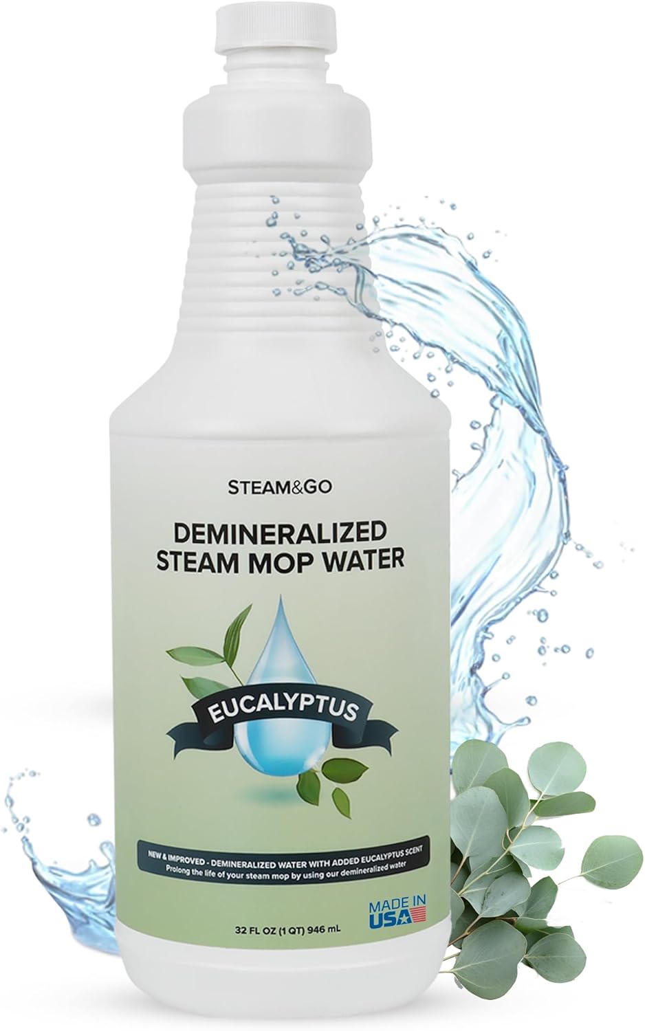 Steam & Go - Demineralized Water for Steam Cleaner, PVC-Free Floor Cleaner Liquid Compatible With Any Steam Mop, Ready-to-Use Multisurface Cleaner, Scented Mop Solution, Eucalyptus Mint, 32 oz