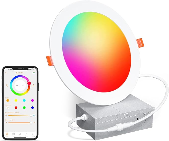 Smart Recessed Lighting 6 Inch RGBCW Color Changing 16W LED Downlights with Junction Box,1350 Lumen Canless Wafer Recessed Ceiling Lights Work with Alexa,Music Sync,DIY Scenes,Timer,23 Modes,1 Pack