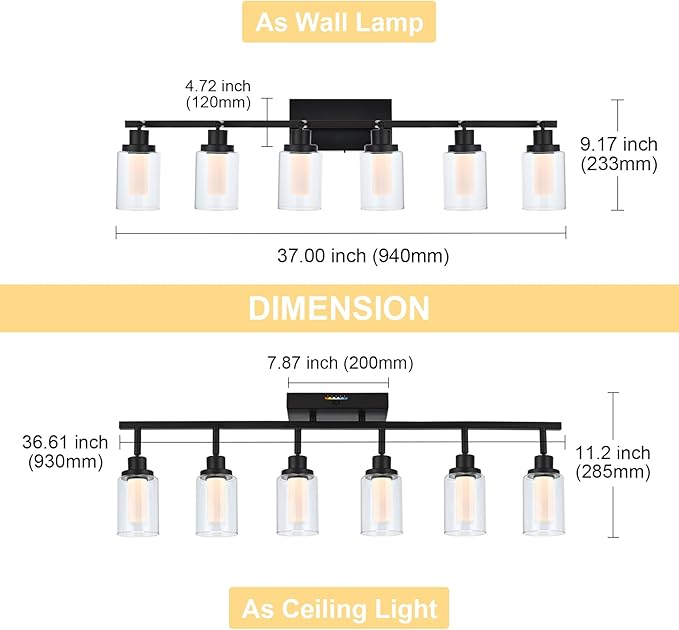 6-Light LED Black Dimmable Track Lighting Kit, 5-Color Temperature Ceiling Spotlight Bathroom Vanity Lighting with Integrated LED Chips & Clear Glass Shade & Frosted Column