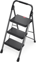 KINGRACK Step Ladder, Portable Folding Step Stool with Anti-Slip Wide Pedals, Heavy Sturdy Steel with Handrail, Safe-Lock Design, 800lbs Load Capacity, for Home and Kitchen, Black (3 Step Ladder)