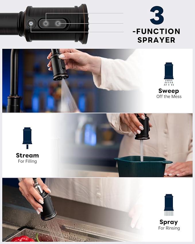 Antique Oil Rubbed Bronze Kitchen Sink Faucet with Soap Dispenser, DAYONE Pull Down Farmhouse Faucet for Sink with 3 Mode Sprayer, Single Handle High Arc, DAY-APS136-ORB