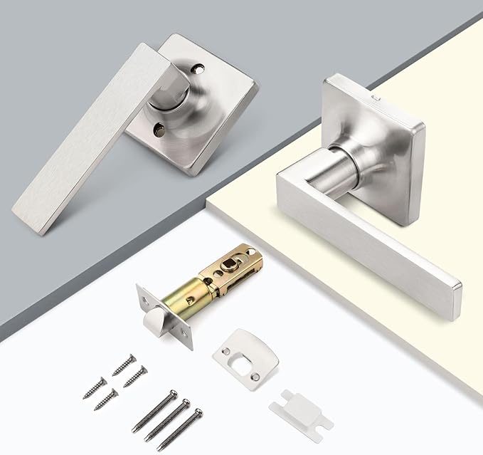 GOBEKOR 1 Pack Passage Lever Door Handles Satin Nickel Straight Door Levers for Closet Door Lock Keyless Square Interior Door Handle with Lock