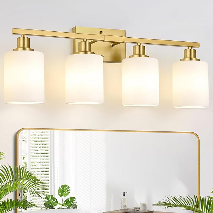 4-Light Bathroom Light Fixtures, Brushed Gold Vanity Light with Milky White Shades, Bathroom Lighting Fixtures Over Mirror, Modern Bathroom Wall Lamp for Mirror Living Room Cabinet Bedroom