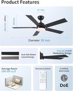 52 Inch Ceiling Fans with Lights and Remote, Black Ceiling Fan with 5 Blades, 6 Speed Reversible DC Motor, 3CCT Dimmable LED, Modern Design for Bedroom, Living room & Covered Outdoor,Includes Downrod