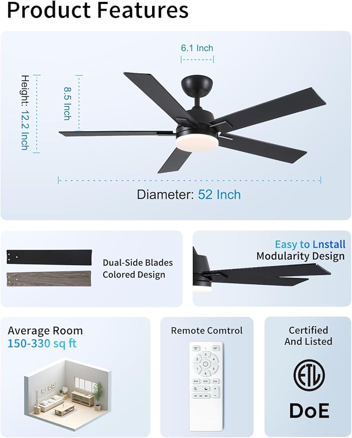 52 Inch Ceiling Fans with Lights and Remote, Black Ceiling Fan with 5 Blades, 6 Speed Reversible DC Motor, 3CCT Dimmable LED, Modern Design for Bedroom, Living room & Covered Outdoor,Includes Downrod