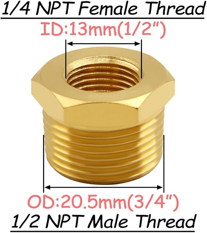 4PCS Brass Reducer Bushing, 1/2" NPT Male to 1/4" NPT Female Thread, Hex Reducing Convert Adapter Pipe Fitting Connector for Water/Oil/Gas