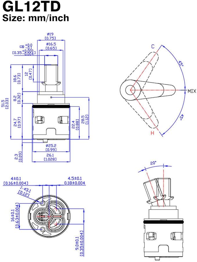 Hain-Yo GL12TD 25mm Ceramic Faucet Cartridge | OEM faucet replacement part | Single Lever | Also replacement for Huntington Brass 3400009 Olympia Faucet PBA29799 and Jerich 25740