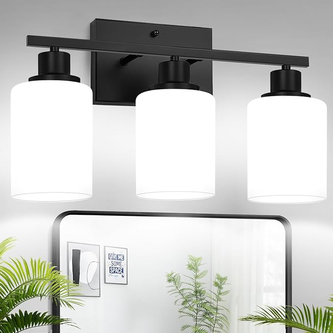 3-Light Bathroom Light Fixtures, Vanity Light with Milky White Shades, Matte Black Bathroom Light Fixtures Over Mirror, Modern Bathroom Wall Lamp for Mirror Living Room Cabinet Bedroom