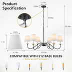 Vintage Chandelier Farmhouse Chandelier for Dining Room - 6 Lights 35.8" Modern Light Fixture, Adjustable Pendant Lighting for Living Room Hallway Bedroom Foyer Black with White Fabric Shade