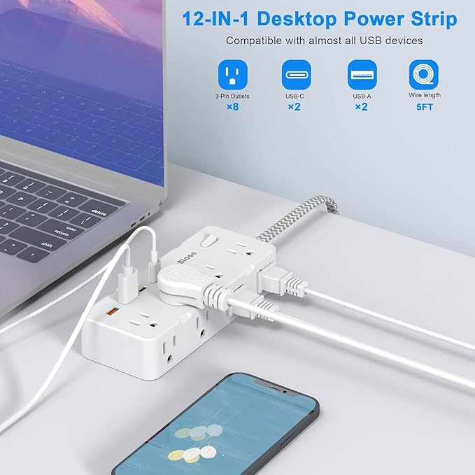 Power Strip Surge Protector - Multi Plug Outlet Adapter with 8 Widely Outlets & 4 USB Ports (2 USB-C), 5FT Extension Cord 45 ° Ultra Thin Flat Plug, Wall Mount for Office Travel Dorm and More