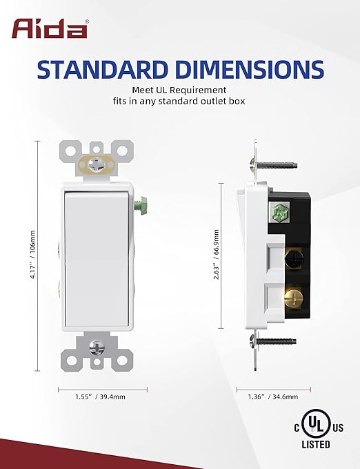 AIDA 20 Pack 4 Way Switch Decorative Light Switch, 15Amp, 120/277 Volt, 4 Way Decorative Light Rocker Switch Replacement, Self-Grounding, Residential and Commercial Grade, UL Listed