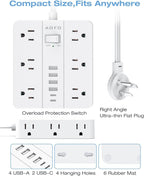 15FT Surge Protector Power Strip,12 AC Outlets with 6 USB Ports (2 USB-C), Flat Plug Extension Cord with Multiple Outlets, Wall Mount for Home Office,Dorm, White