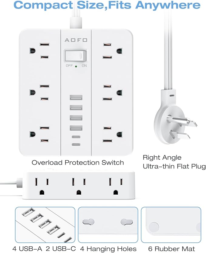 20FT Surge Protector Power Strip,12 AC Outlets with 6 USB Ports (2 USB-C), Flat Plug Extension Cord with Multiple Outlets, Wall Mount for Home Office,Dorm, White