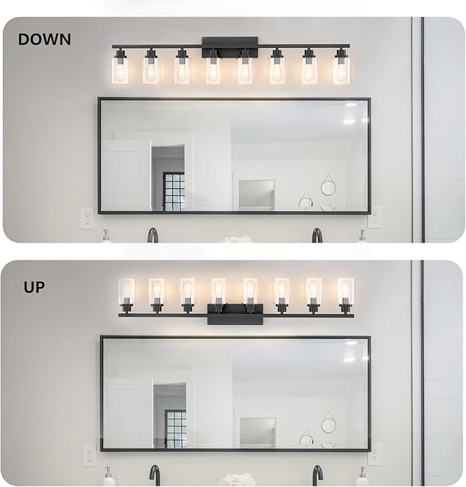 8 Light Black Bathroom Vanity Light Fixture, Long Farmhouse Vanity Lights Over Mirror,Modern Large Bathroom Lighting Wall Light with Clear Glass Globe for Mirror,Living Room,Bedroom