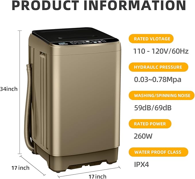 Portable Washing Machine 2.3 Cu. Ft. Full-Automatic Compact Washer Machine for Apartment, 10 Wash Program Small Portable Washer for Dorm, Apartment, RV, Home, Golden
