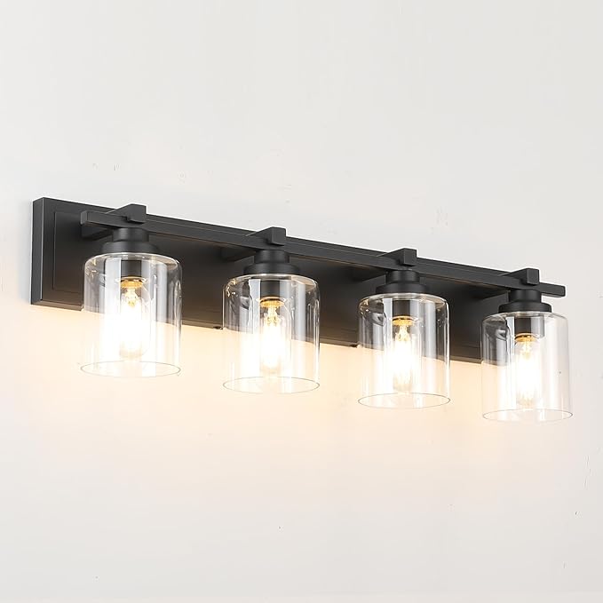 4 Light Modern Bathroom Light Fixtures Over Mirror, Black Vanity Lights for Bathroom Wall Sconces with Clear Glass Shades, E26 Socket (Bulbs Not Included)