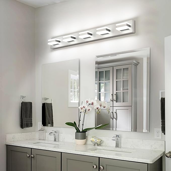 SOLFART 5 Light Bathroom Vanity Light Brushed Nickel Bathroom Vanity Light Fixtures Over Mirror Led Lights for Restroom Nickel