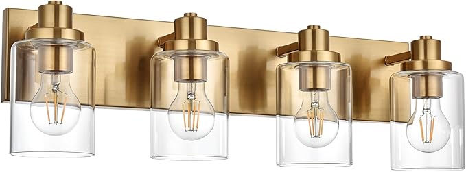 4 Light Bathroom Vanity Lights Brushed Brass Bathroom Lighting Fixtures over Mirror with Clear Glass Shade, Vintage Gold Vanity Light For Bathoom, Modern Bathroom Wall Vanity Lighting Fixtures