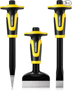 Rock Chisel Set, Firecore 3PCS Masonry Chisel with Hand Guard, Heavy Duty Point Flat Cold Chisel for Concrete Stone Brick Rock Tile Mortar Breaking Demolishing Carving Splitting Cutting Mason Tools