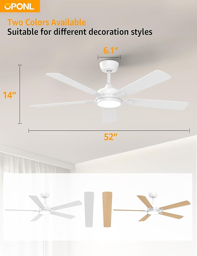 52 Inch White Ceiling Fan with Light with Remote Control, Large Air Volume, modern ceiling fan with light for Bedroom Kitchen Dining room Patio- Donwrod Mount